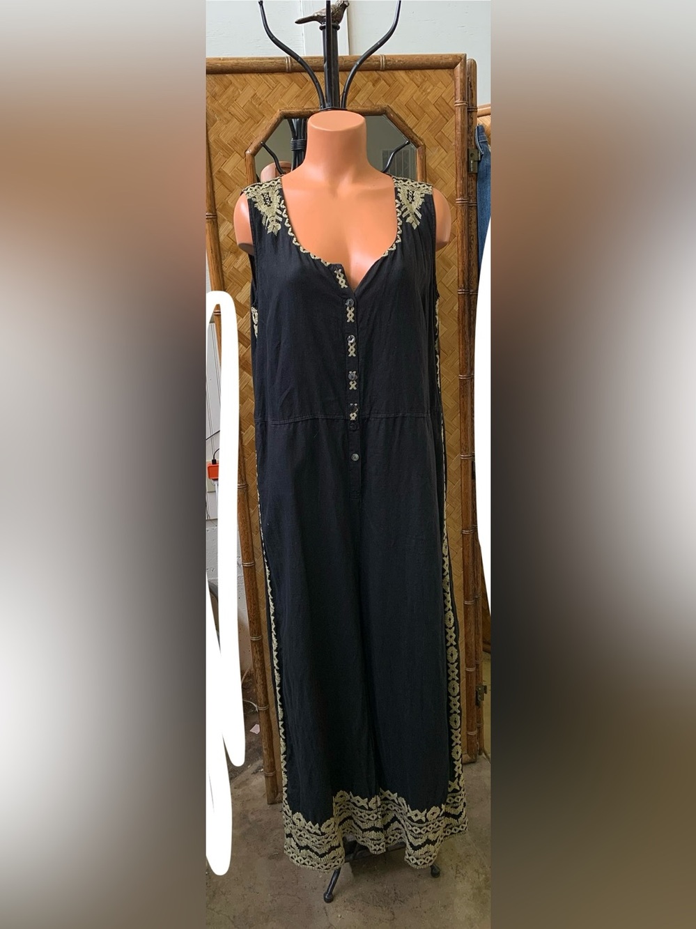 Johnny Was linen  Black Patch with tan Embroidery jumpsuit large